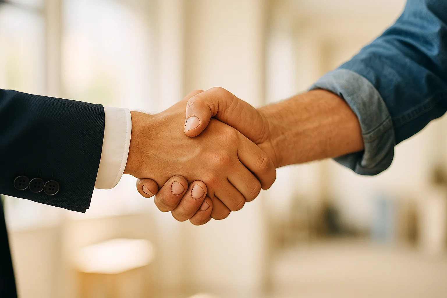 An accountant in a suit shaking hands with a tradesperson.