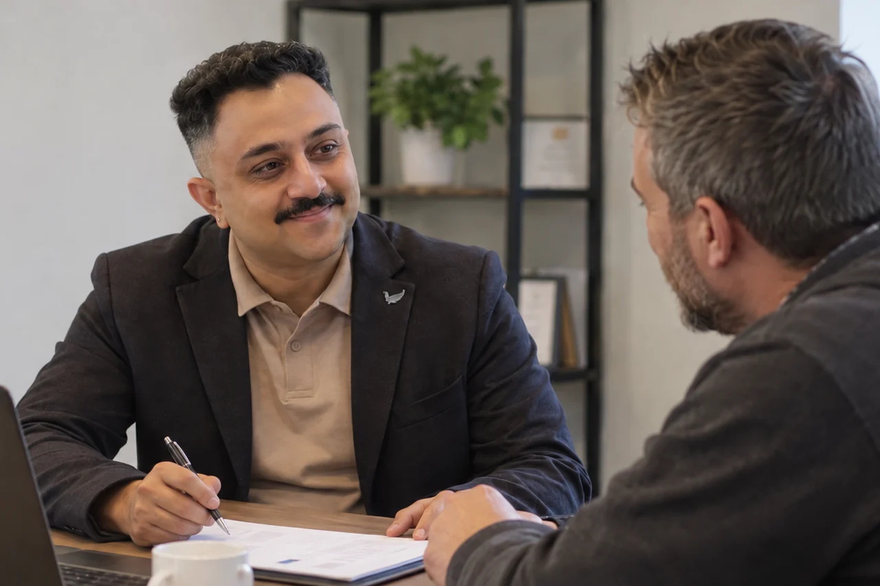 A friendly accountant going over paperwork with a small-business owner.