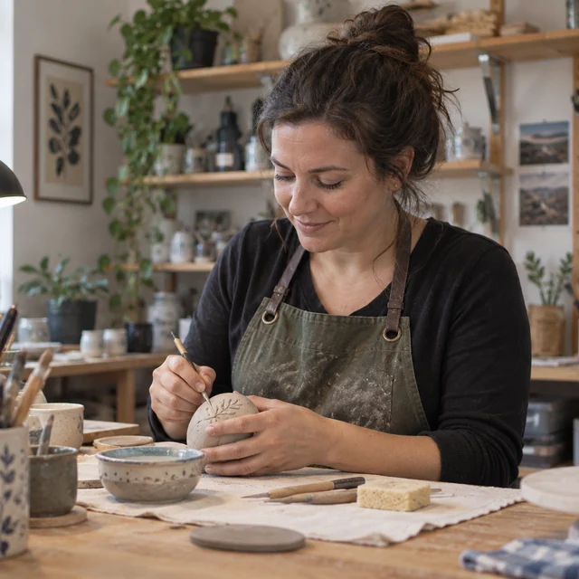 A potter decorating a bowl in her ceramics studio.