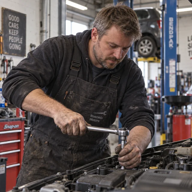 A mechanic working under the bonnet in his garage.
